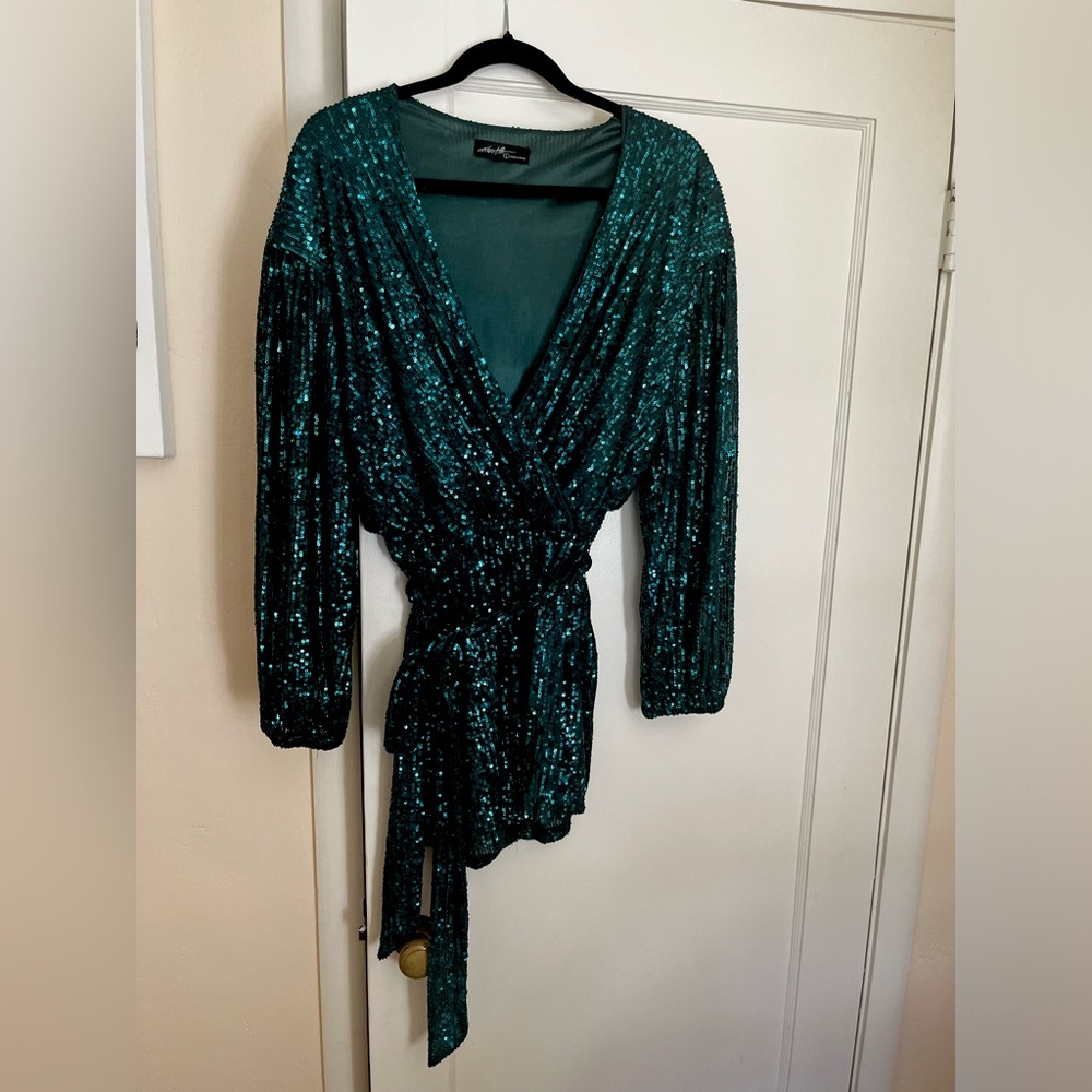 On Twelfth Emerald Green Sequin Belted Romper with pockets - Size: large